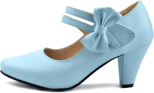 100FIXEO Chic Block High Heel Mary Jane Shoes Women Heels and Pumps Ladies Sweet Ankle Strap Dress Pumps Hook and Loop Bow Heels Closed Toe