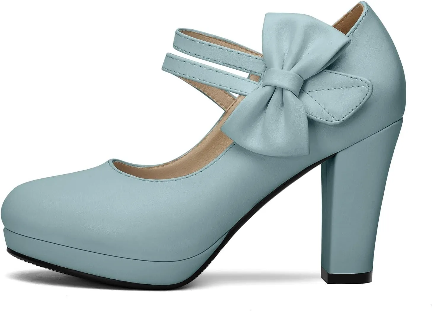 100FIXEO Chic Block High Heel Mary Jane Shoes Women Heels and Pumps Ladies Sweet Ankle Strap Dress Pumps Hook and Loop Bow Heels Closed Toe