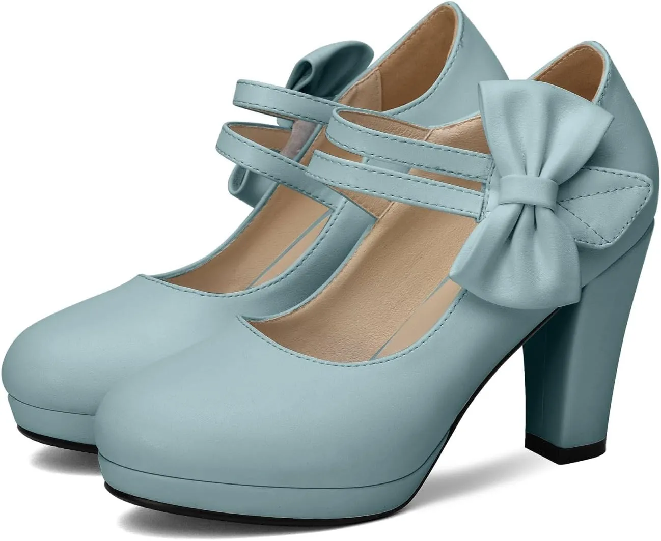 100FIXEO Chic Block High Heel Mary Jane Shoes Women Heels and Pumps Ladies Sweet Ankle Strap Dress Pumps Hook and Loop Bow Heels Closed Toe