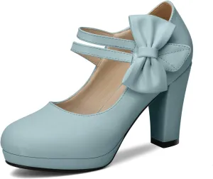 100FIXEO Chic Block High Heel Mary Jane Shoes Women Heels and Pumps Ladies Sweet Ankle Strap Dress Pumps Hook and Loop Bow Heels Closed Toe