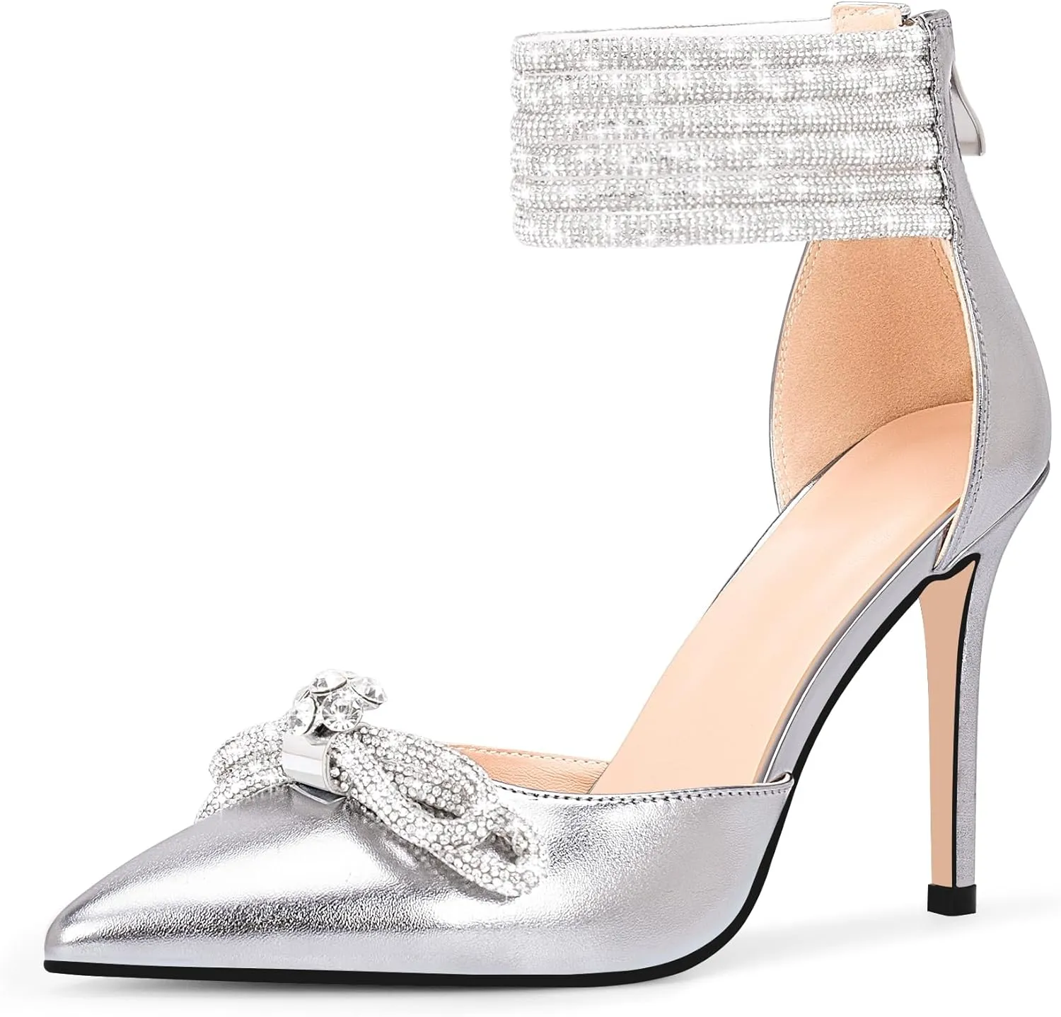 100FIXEO Women's Sexy Rhinestone Bow High Heeled Pumps Pointed Toe Ankle Strap Stiletto Heel Wedding Dress Shoes