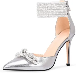 100FIXEO Women's Sexy Rhinestone Bow High Heeled Pumps Pointed Toe Ankle Strap Stiletto Heel Wedding Dress Shoes
