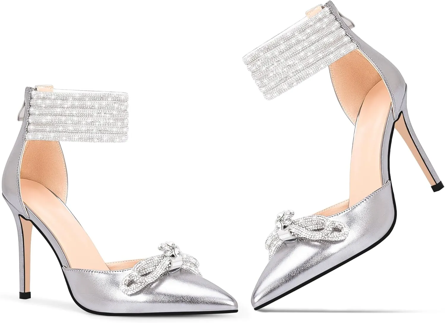 100FIXEO Women's Sexy Rhinestone Bow High Heeled Pumps Pointed Toe Ankle Strap Stiletto Heel Wedding Dress Shoes