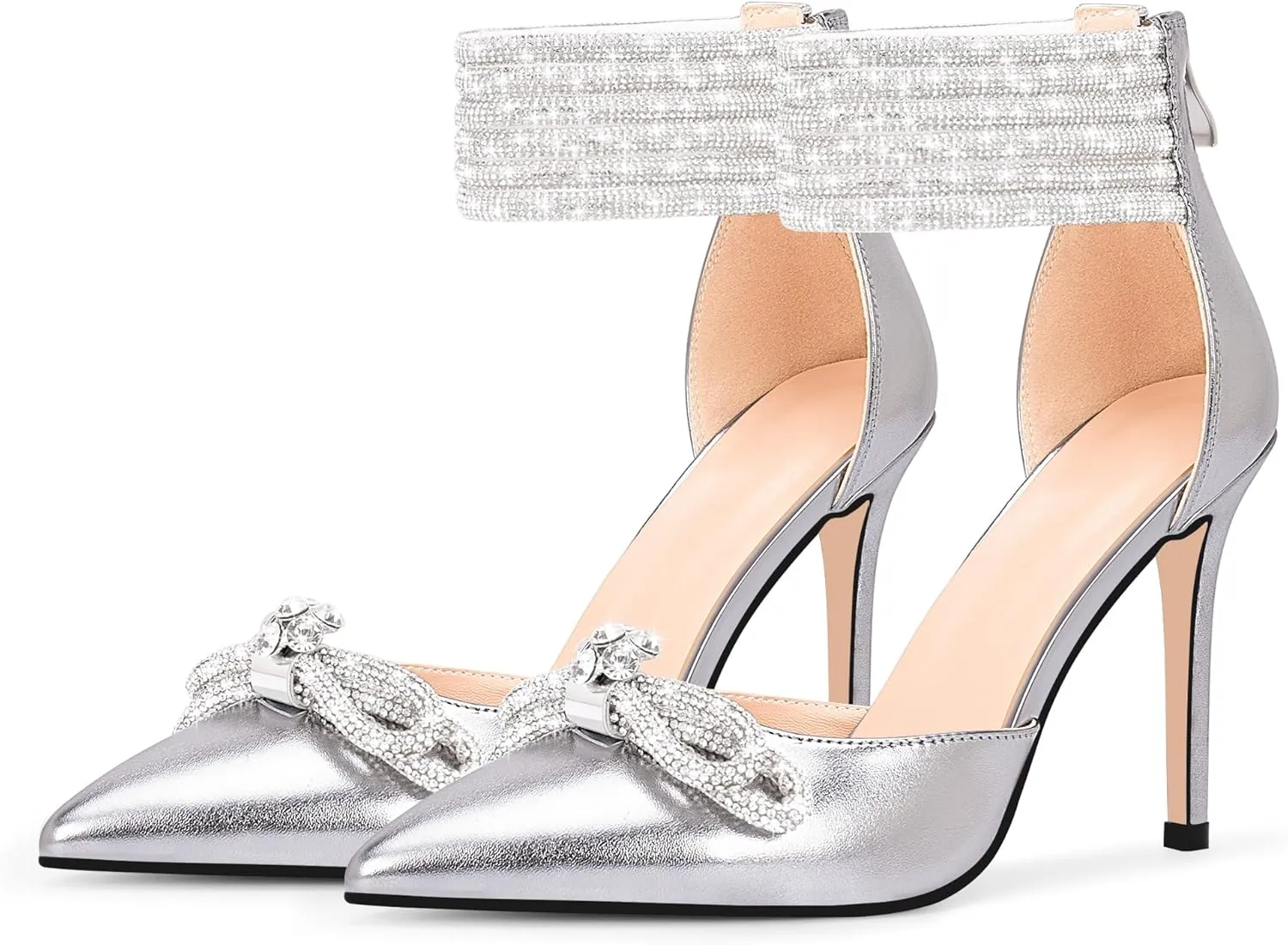 100FIXEO Women's Sexy Rhinestone Bow High Heeled Pumps Pointed Toe Ankle Strap Stiletto Heel Wedding Dress Shoes