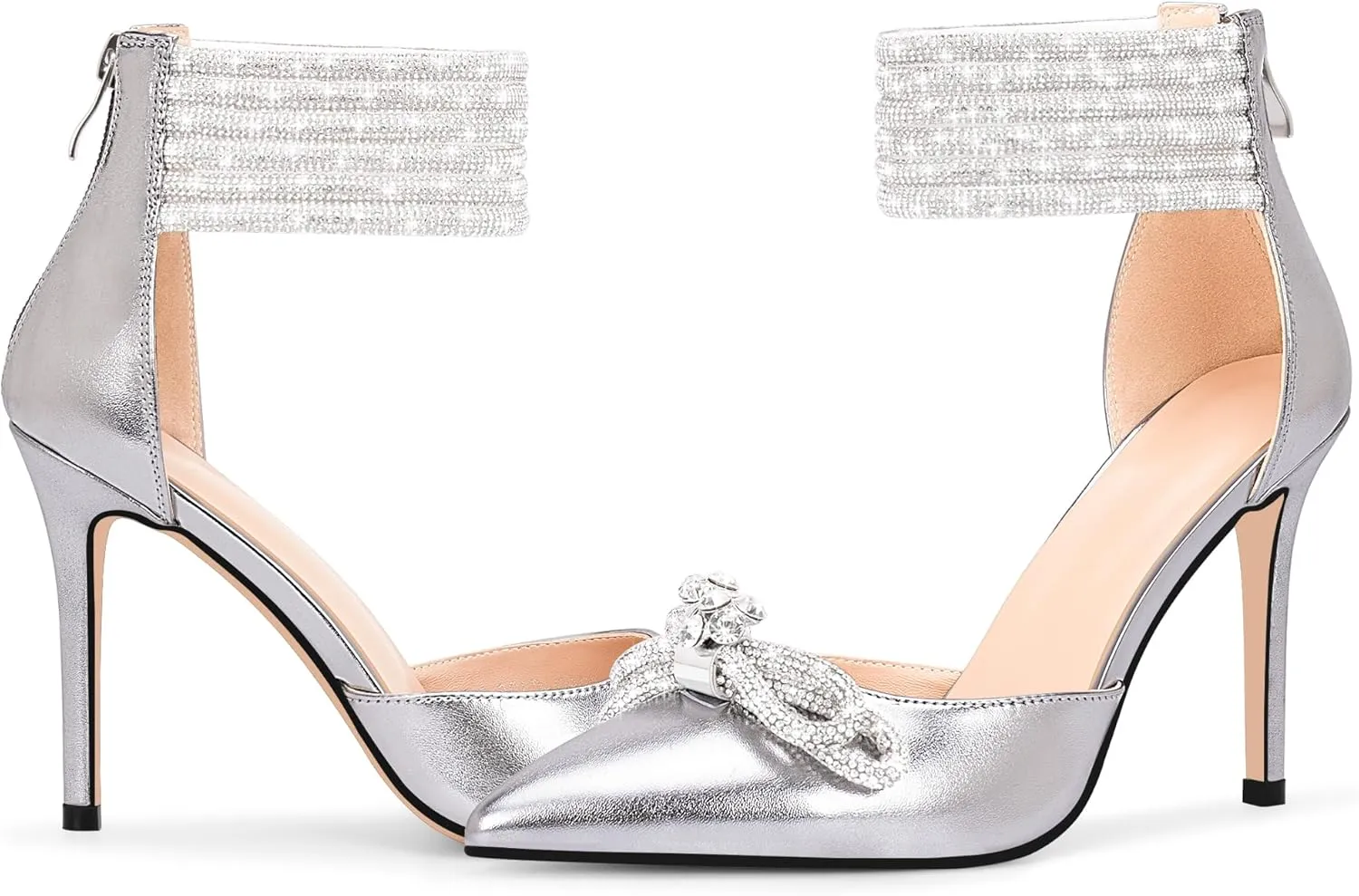 100FIXEO Women's Sexy Rhinestone Bow High Heeled Pumps Pointed Toe Ankle Strap Stiletto Heel Wedding Dress Shoes