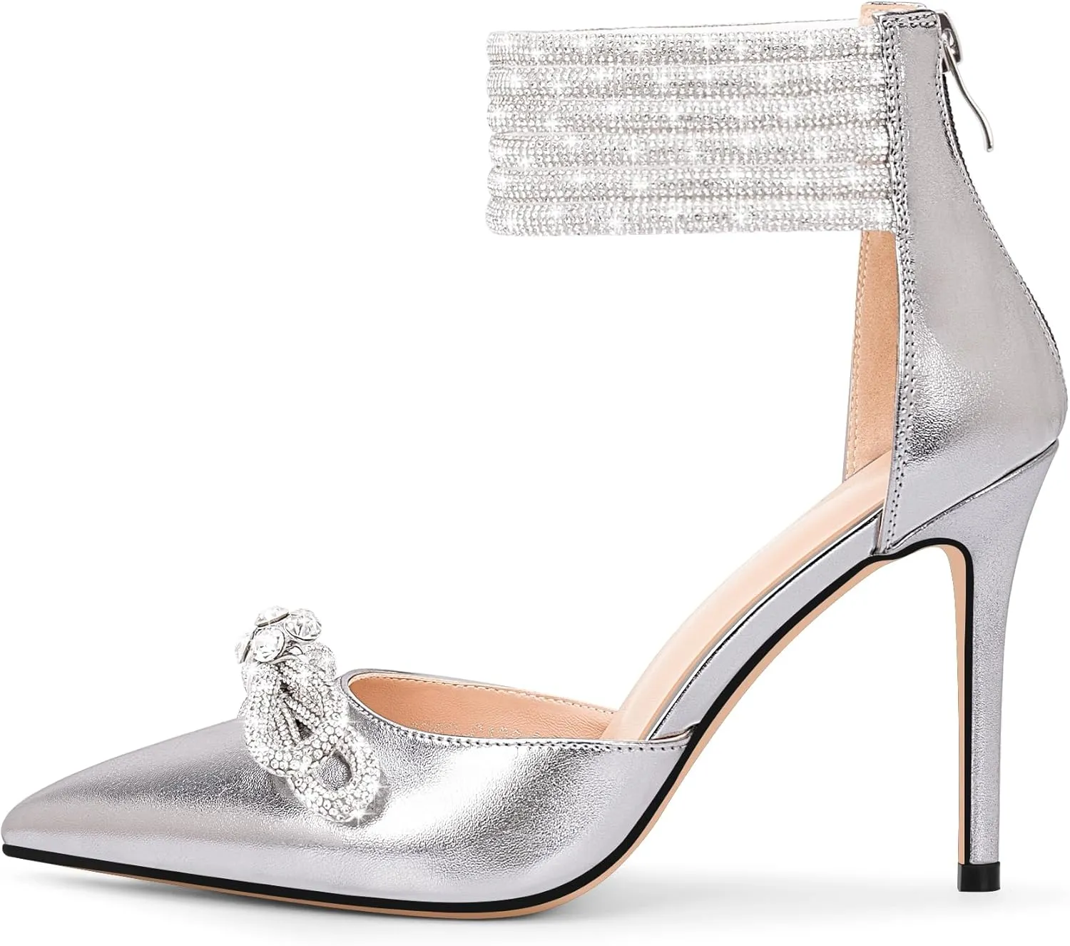 100FIXEO Women's Sexy Rhinestone Bow High Heeled Pumps Pointed Toe Ankle Strap Stiletto Heel Wedding Dress Shoes