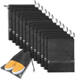 12PCS Travel Shoe Bags Waterproof Non-Woven Storage With Rope for Men and Women Large Shoes Pouch Packing Organizers - 17.3" X 12.6" (Black)