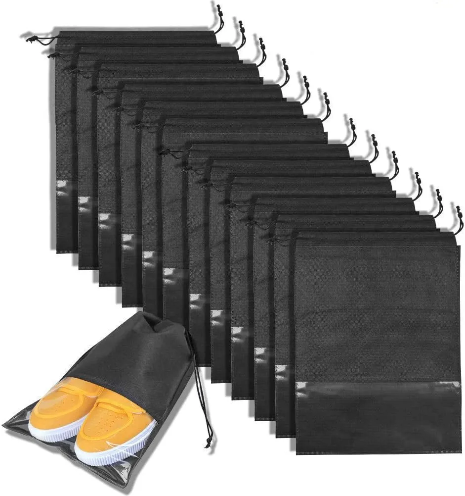 12PCS Travel Shoe Bags Waterproof Non-Woven Storage With Rope for Men and Women Large Shoes Pouch Packing Organizers - 17.3" X 12.6" (Black)