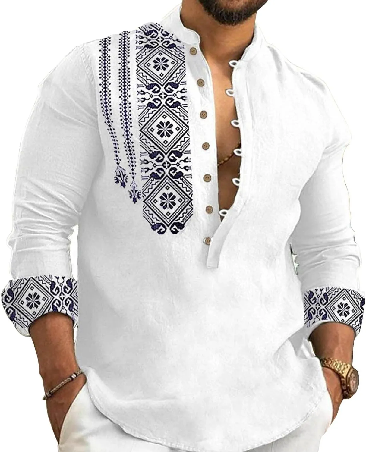 2024 Linen Shirts for Men Henley Long Sleeve Casual Banded Collar Button Vintage Beach Hawaiian T Shirt