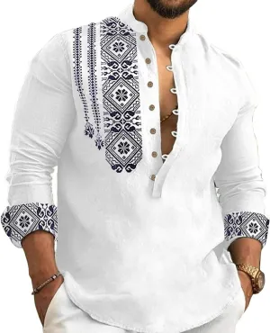 2024 Linen Shirts for Men Henley Long Sleeve Casual Banded Collar Button Vintage Beach Hawaiian T Shirt
