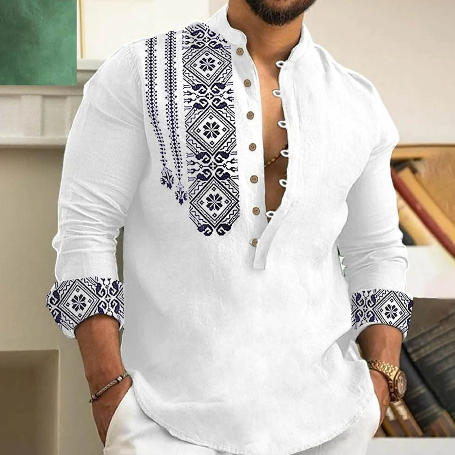 2024 Linen Shirts for Men Henley Long Sleeve Casual Banded Collar Button Vintage Beach Hawaiian T Shirt