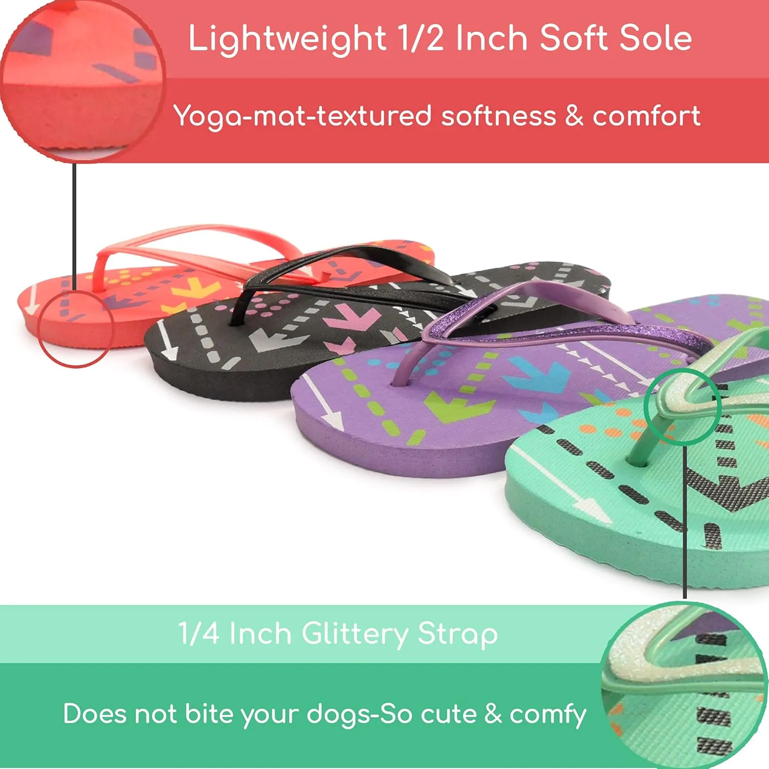 4 Pack Cute Pool Beach Waterproof Rubber Flip-Flops Sandals for Teen Girls Women Lightweight Dorm Shower Shoes Summer Travel Essentials Juniors