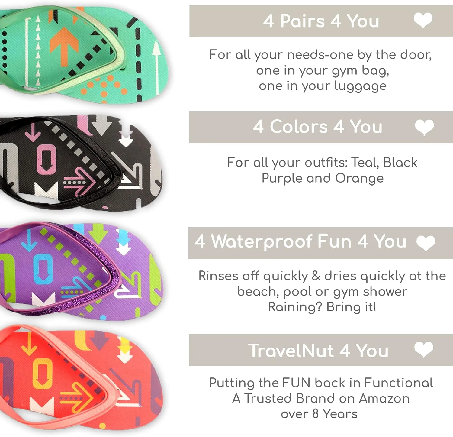 4 Pack Cute Pool Beach Waterproof Rubber Flip-Flops Sandals for Teen Girls Women Lightweight Dorm Shower Shoes Summer Travel Essentials Juniors