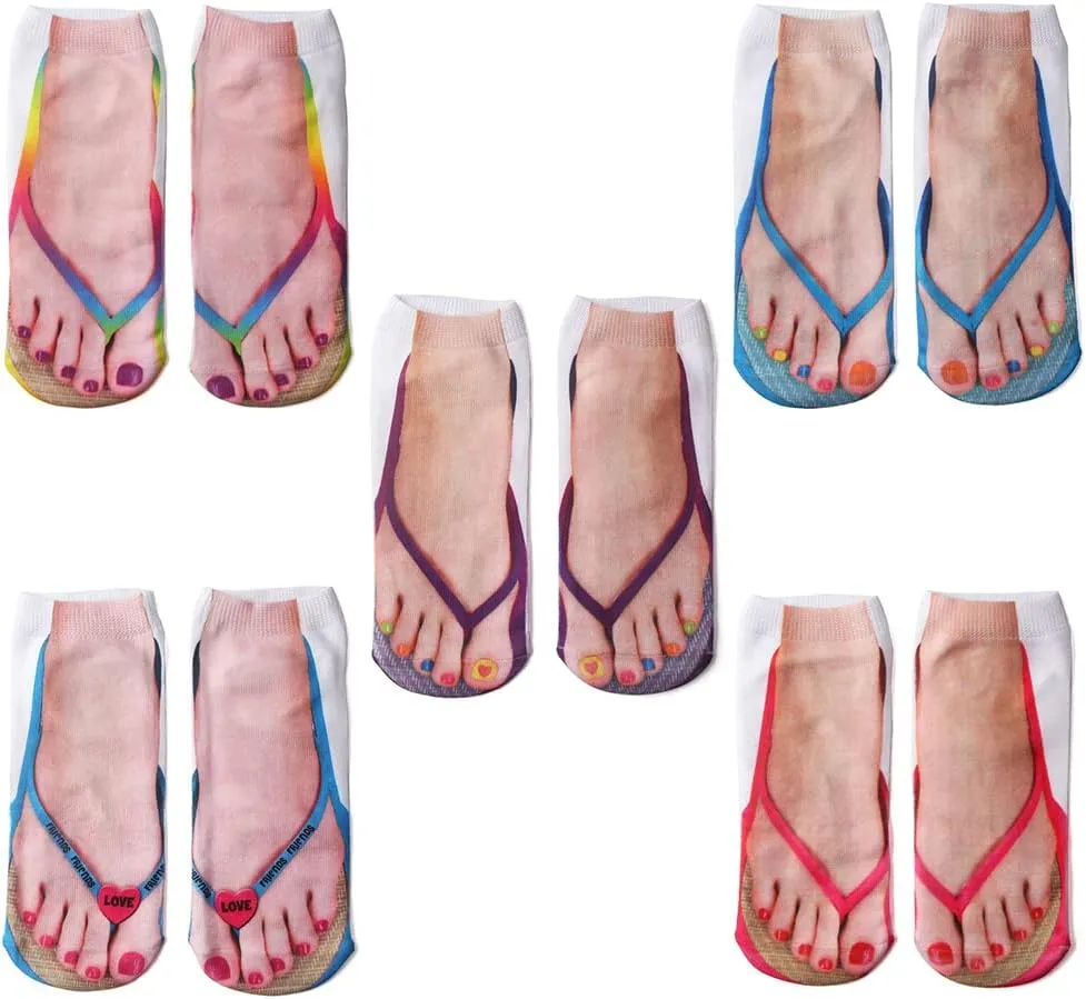 5 Pair Manicure Print Socks Flip Flop Print Socks 3D Pattern Socks Casual Personalized Flip Flop Socks Low Cut Ankle Socks