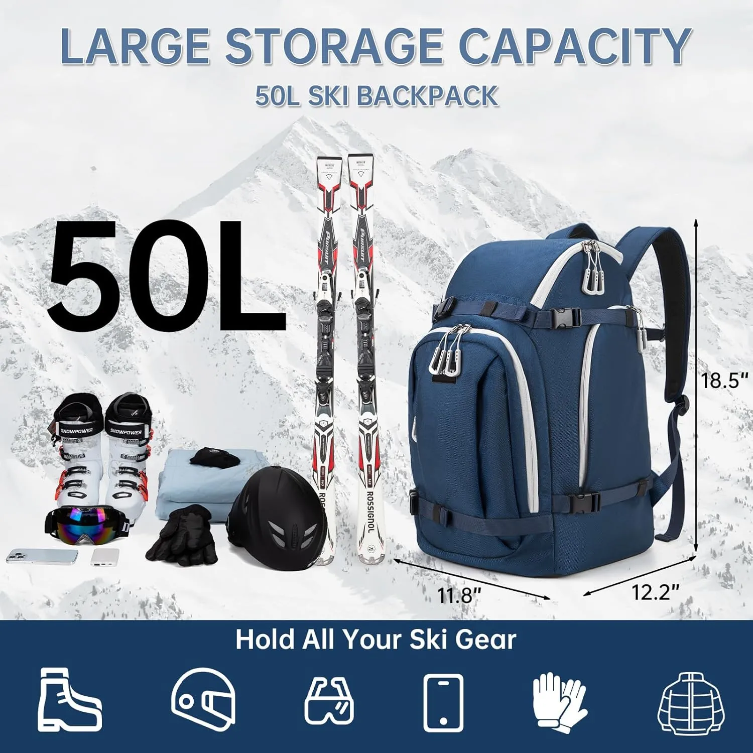 50L Ski Travel Backpack for Skis, Snowboard & Accessories, Waterproof Padded Boot Bag