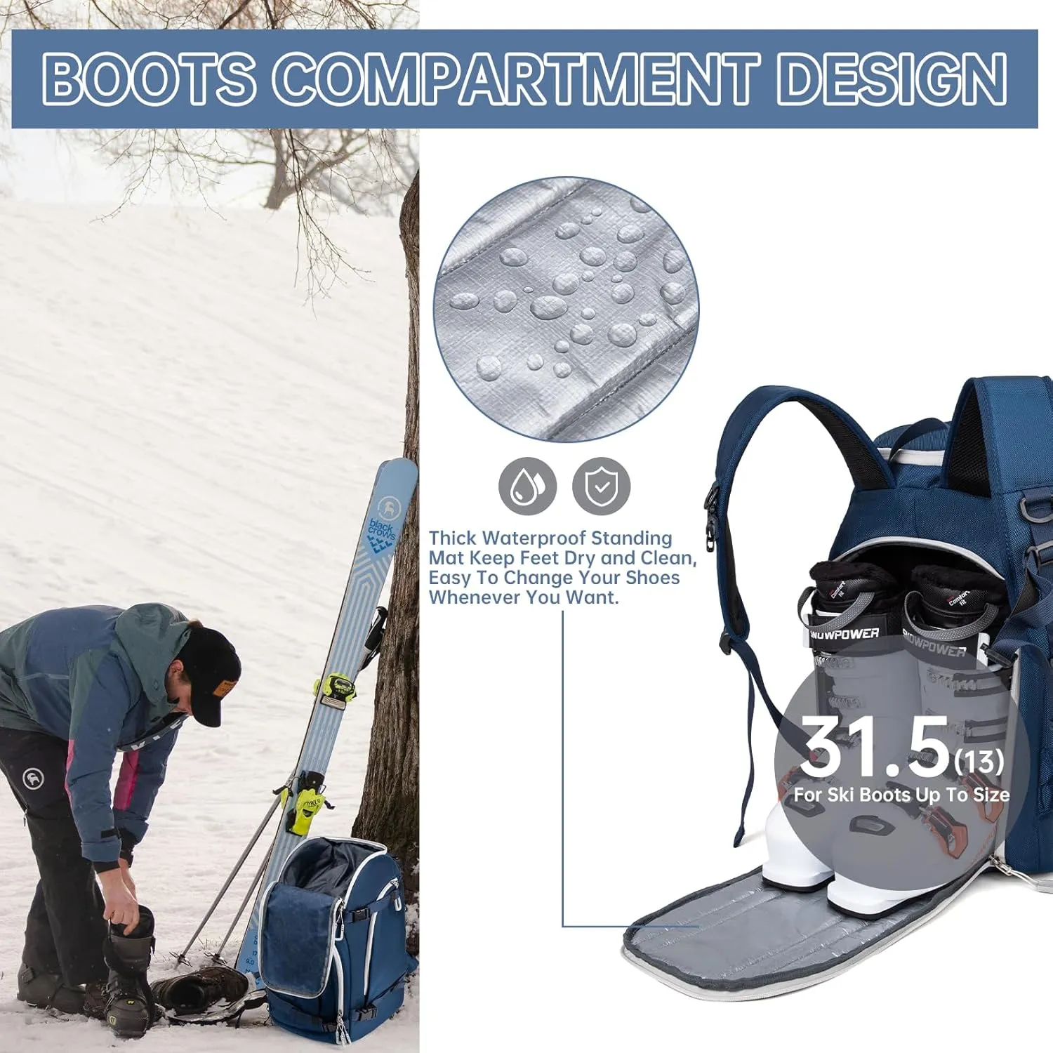 50L Ski Travel Backpack for Skis, Snowboard & Accessories, Waterproof Padded Boot Bag