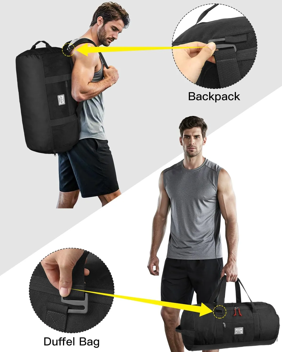 60L Large Gym Duffle Bag with Separate Shoe Compartment, Waterproof & Durable Duffel Bag for Men and Women - Convertible Backpack Design, Black
