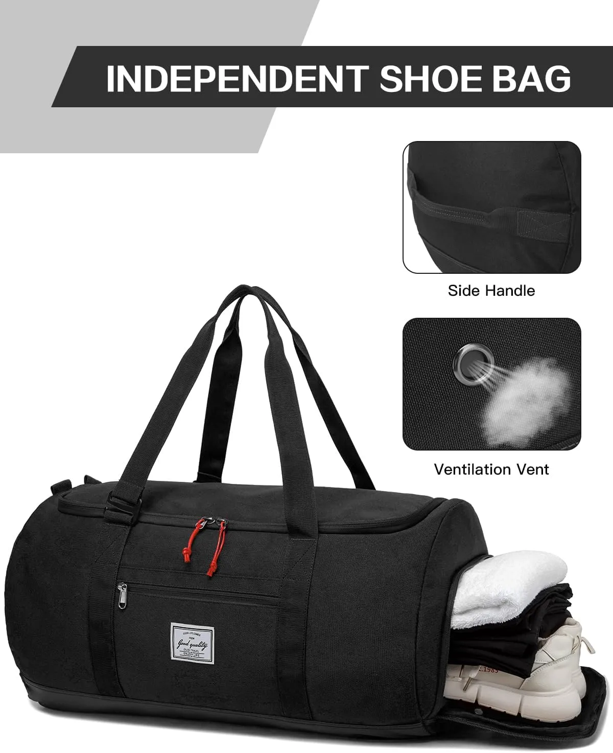 60L Large Gym Duffle Bag with Separate Shoe Compartment, Waterproof & Durable Duffel Bag for Men and Women - Convertible Backpack Design, Black