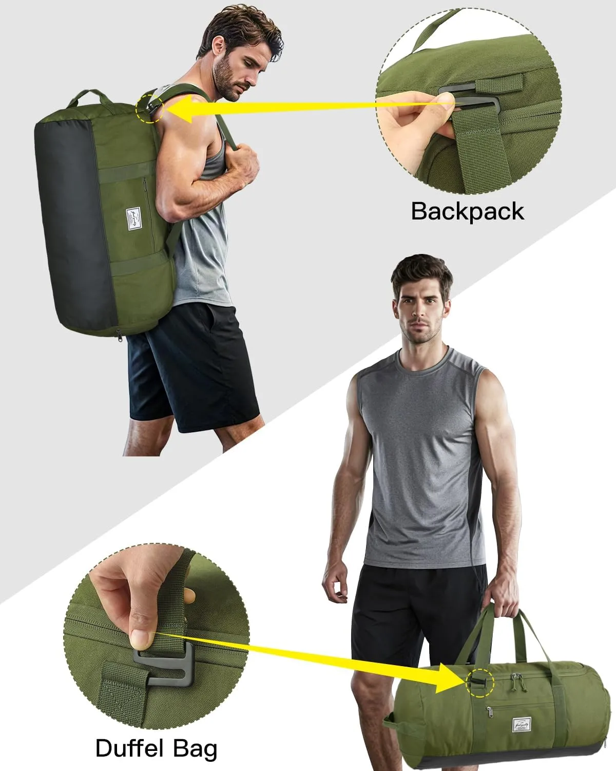 60L Large Gym Duffle Bag with Separate Shoe Compartment, Waterproof & Durable Duffel Bag for Men and Women - Convertible Backpack Design, Green
