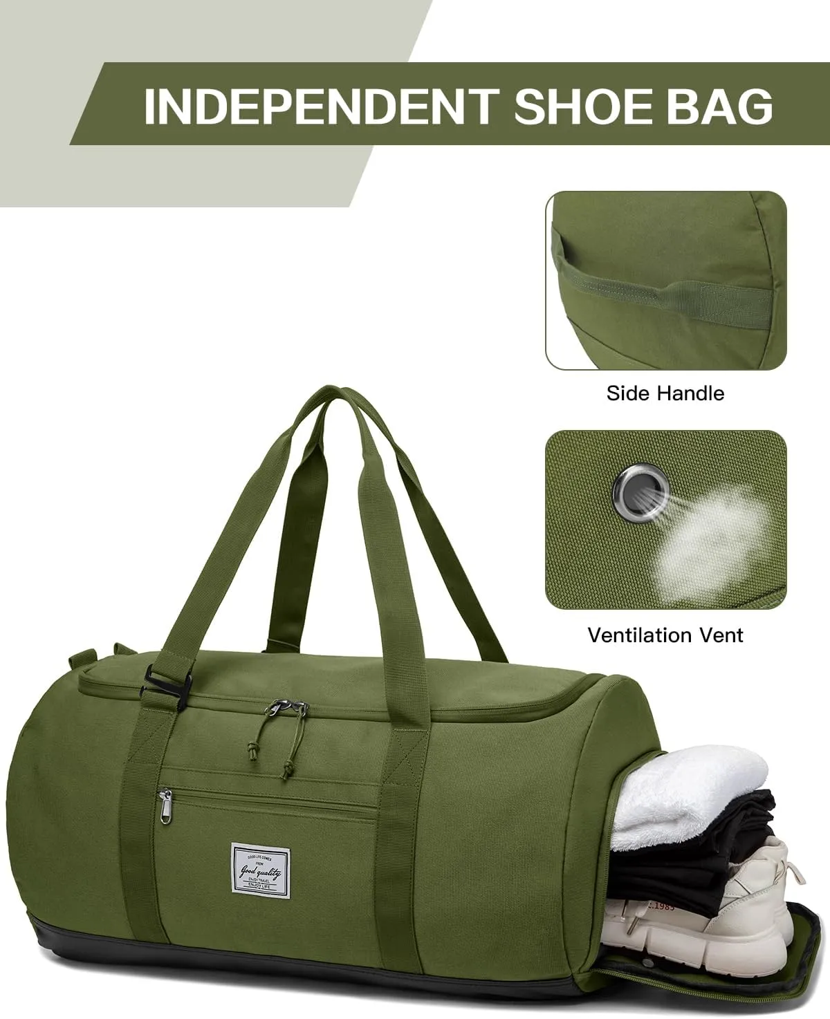 60L Large Gym Duffle Bag with Separate Shoe Compartment, Waterproof & Durable Duffel Bag for Men and Women - Convertible Backpack Design, Green