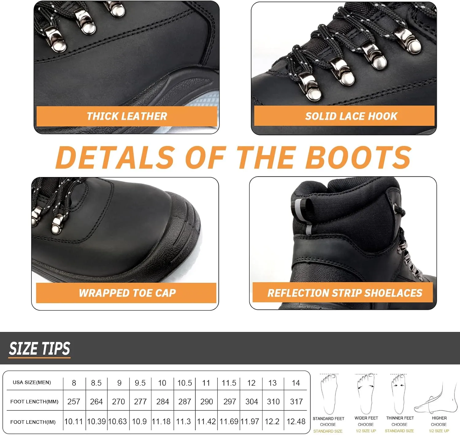 6" Steel Toe Work Boots for Men Waterproof Durable Crazy-Horse Non Slip Industrial and Construction Safety Footwear Mens Work Boots
