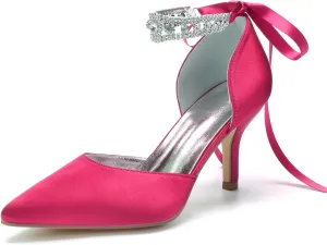 8CM Women's Bridal Stiletto Heel Wedding Crystal Ankle Strap Sandal Shoes Zipper Back Pumps Satin Pointed Toe Formal Party Prom Evening,Rose red,8