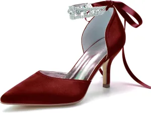 8CM Women's Bridal Stiletto Heel Wedding Crystal Ankle Strap Sandal Shoes Zipper Back Pumps Satin Pointed Toe Formal Party Prom Evening,Wine red,10