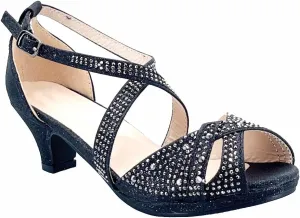 ABSOLEX Girl's Toddler/Little Kid/Big Kid Cross Strappy Open Toe Rhinestone Dressy Low Heel Dress Up Pump Sandal