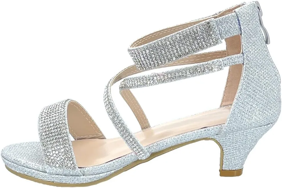 ABSOLEX Girl's Toddler/Little Kid/Big Kid Cross Strappy Open Toe Rhinestone Dressy Low Heel Dress Up Pump Sandal