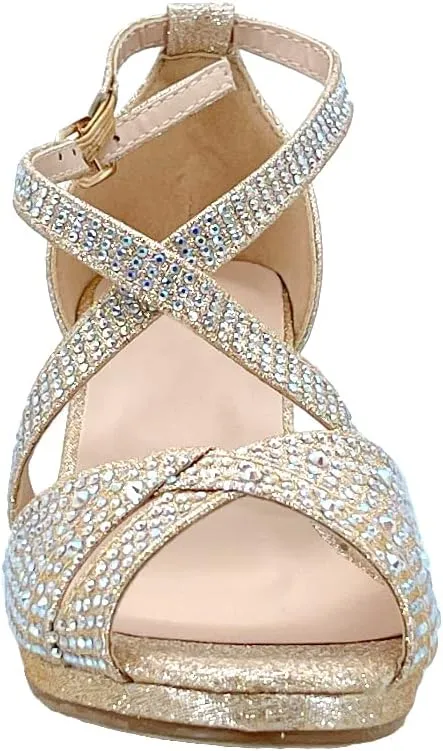 ABSOLEX Girl's Toddler/Little Kid/Big Kid Cross Strappy Open Toe Rhinestone Dressy Low Heel Dress Up Pump Sandal