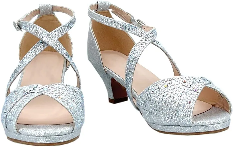 ABSOLEX Girl's Toddler/Little Kid/Big Kid Cross Strappy Open Toe Rhinestone Dressy Low Heel Dress Up Pump Sandal