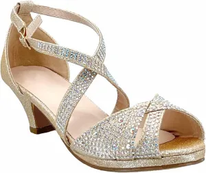 ABSOLEX Girl's Toddler/Little Kid/Big Kid Cross Strappy Open Toe Rhinestone Dressy Low Heel Dress Up Pump Sandal