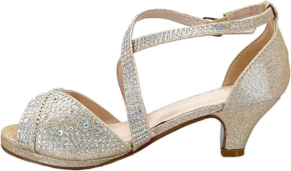 ABSOLEX Girl's Toddler/Little Kid/Big Kid Cross Strappy Open Toe Rhinestone Dressy Low Heel Dress Up Pump Sandal