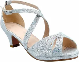ABSOLEX Girl's Toddler/Little Kid/Big Kid Cross Strappy Open Toe Rhinestone Dressy Low Heel Dress Up Pump Sandal