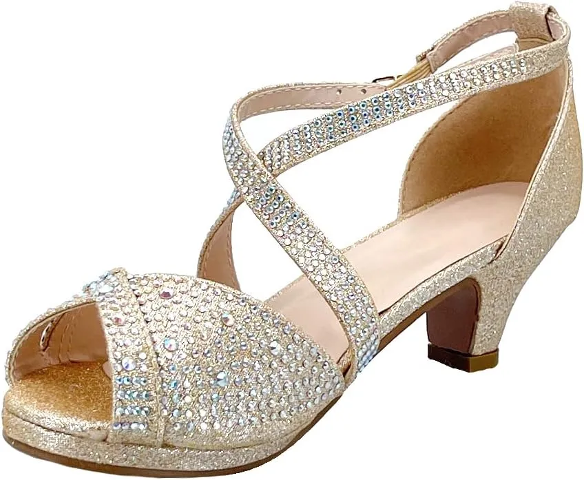 ABSOLEX Girl's Toddler/Little Kid/Big Kid Cross Strappy Open Toe Rhinestone Dressy Low Heel Dress Up Pump Sandal