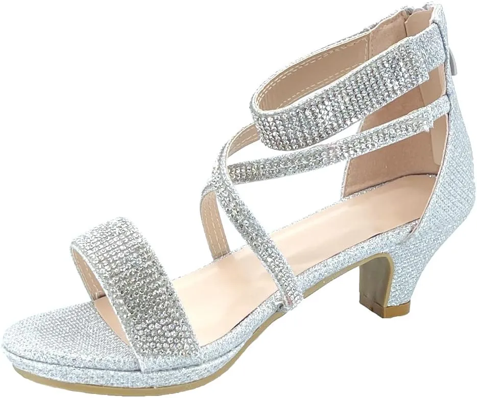 ABSOLEX Girl's Toddler/Little Kid/Big Kid Cross Strappy Open Toe Rhinestone Dressy Low Heel Dress Up Pump Sandal
