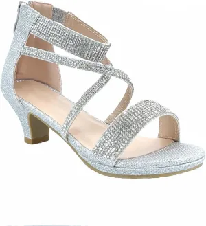 ABSOLEX Girl's Toddler/Little Kid/Big Kid Cross Strappy Open Toe Rhinestone Dressy Low Heel Dress Up Pump Sandal