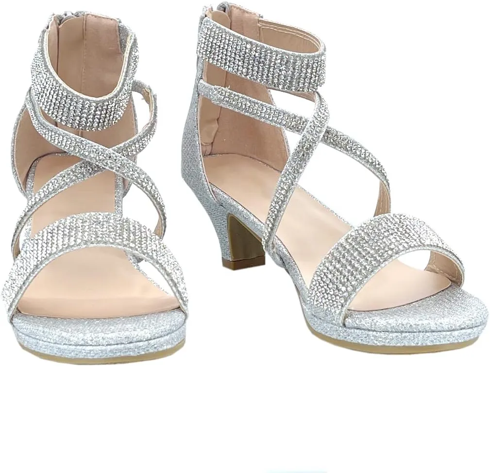 ABSOLEX Girl's Toddler/Little Kid/Big Kid Cross Strappy Open Toe Rhinestone Dressy Low Heel Dress Up Pump Sandal