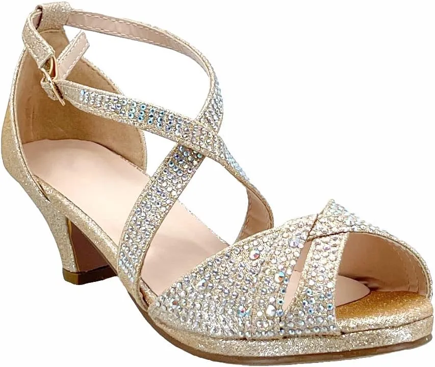 ABSOLEX Girl's Toddler/Little Kid/Big Kid Cross Strappy Open Toe Rhinestone Dressy Low Heel Dress Up Pump Sandal