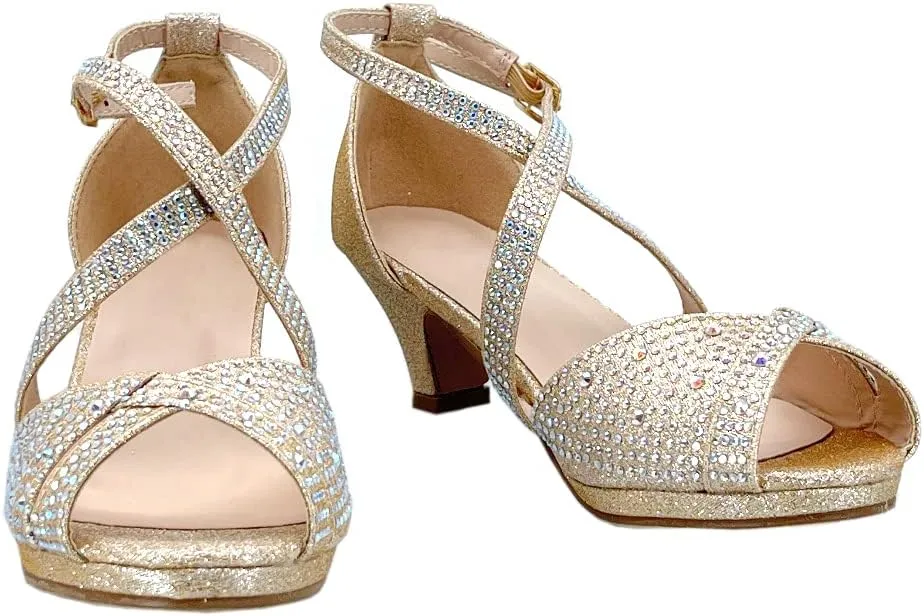 ABSOLEX Girl's Toddler/Little Kid/Big Kid Cross Strappy Open Toe Rhinestone Dressy Low Heel Dress Up Pump Sandal