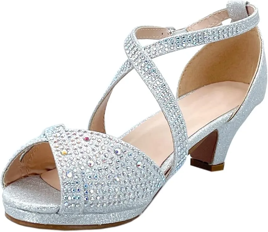 ABSOLEX Girl's Toddler/Little Kid/Big Kid Cross Strappy Open Toe Rhinestone Dressy Low Heel Dress Up Pump Sandal