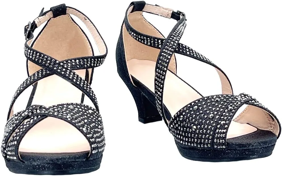 ABSOLEX Girl's Toddler/Little Kid/Big Kid Cross Strappy Open Toe Rhinestone Dressy Low Heel Dress Up Pump Sandal