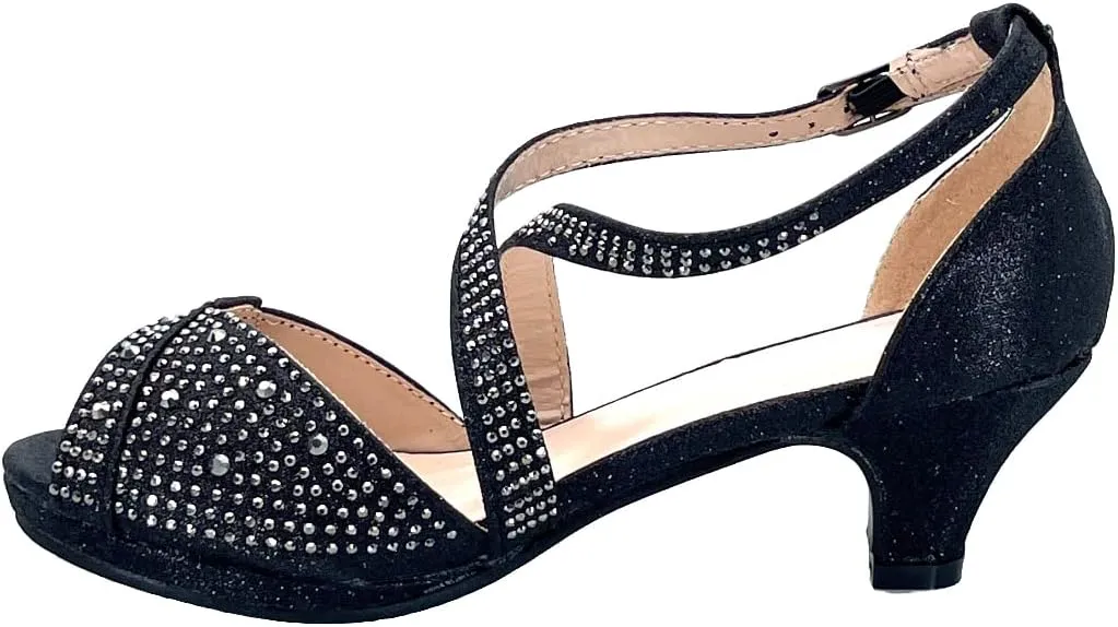 ABSOLEX Girl's Toddler/Little Kid/Big Kid Cross Strappy Open Toe Rhinestone Dressy Low Heel Dress Up Pump Sandal