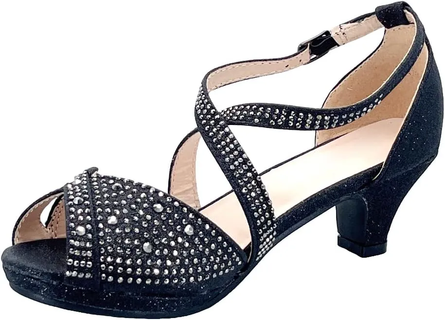 ABSOLEX Girl's Toddler/Little Kid/Big Kid Cross Strappy Open Toe Rhinestone Dressy Low Heel Dress Up Pump Sandal