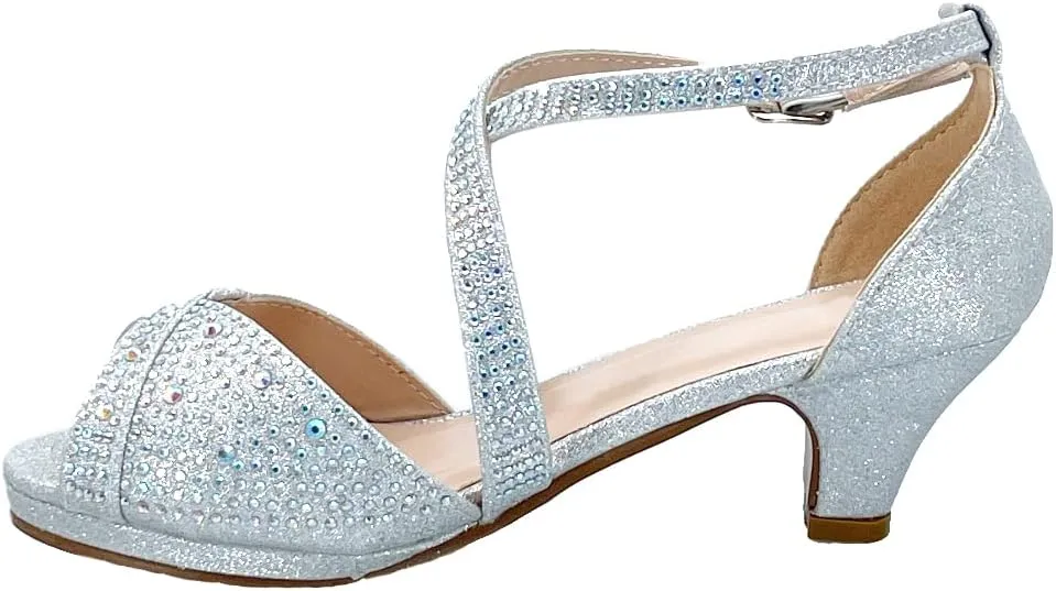 ABSOLEX Girl's Toddler/Little Kid/Big Kid Cross Strappy Open Toe Rhinestone Dressy Low Heel Dress Up Pump Sandal