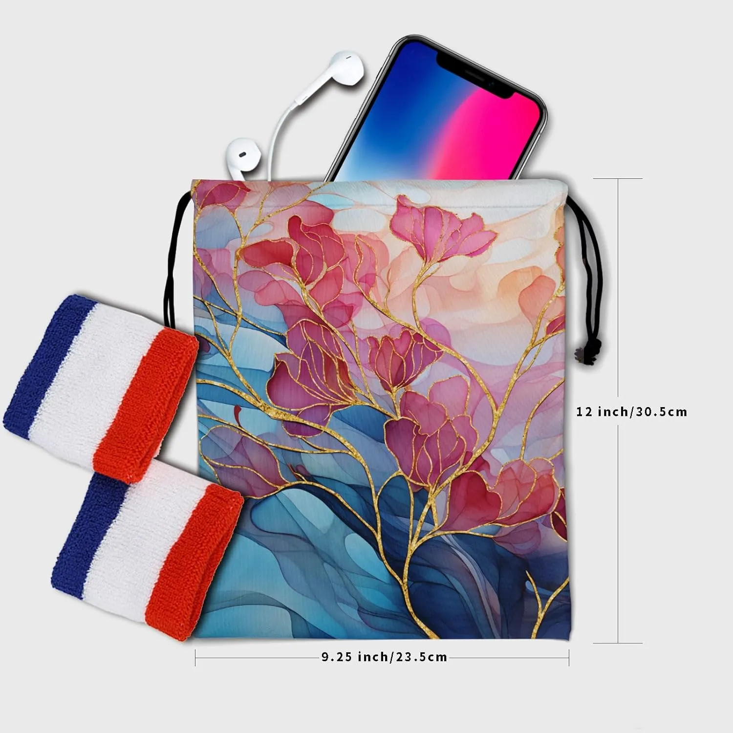 Abstract Floral Drawstring Grip Bags - Pink Teal Gold Flowers Grip Bag Navy Blue Modern Art Drawstring Storage Bags Gym Pouch Shoe Bags Adjustable Towel Bag