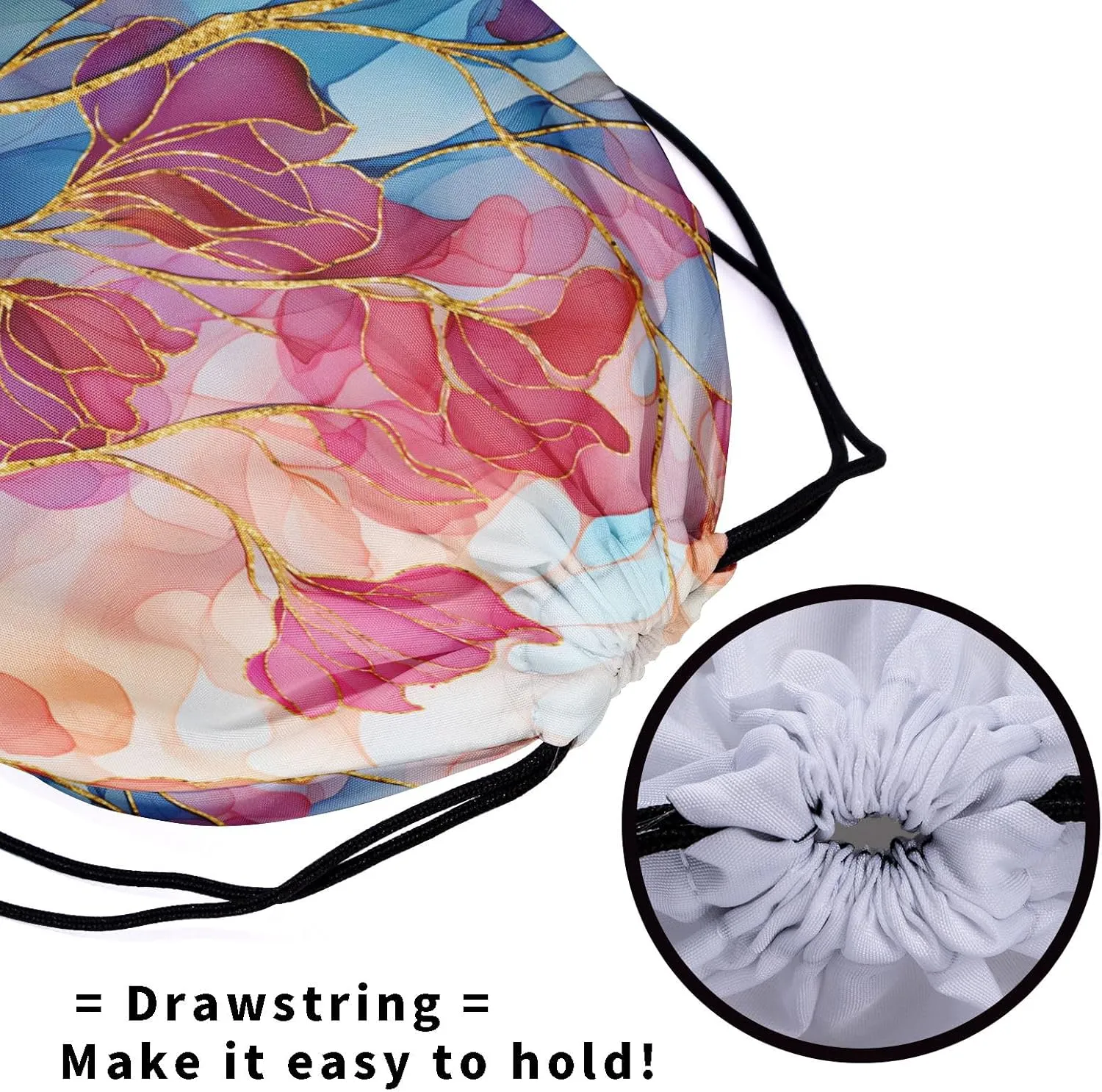 Abstract Floral Drawstring Grip Bags - Pink Teal Gold Flowers Grip Bag Navy Blue Modern Art Drawstring Storage Bags Gym Pouch Shoe Bags Adjustable Towel Bag
