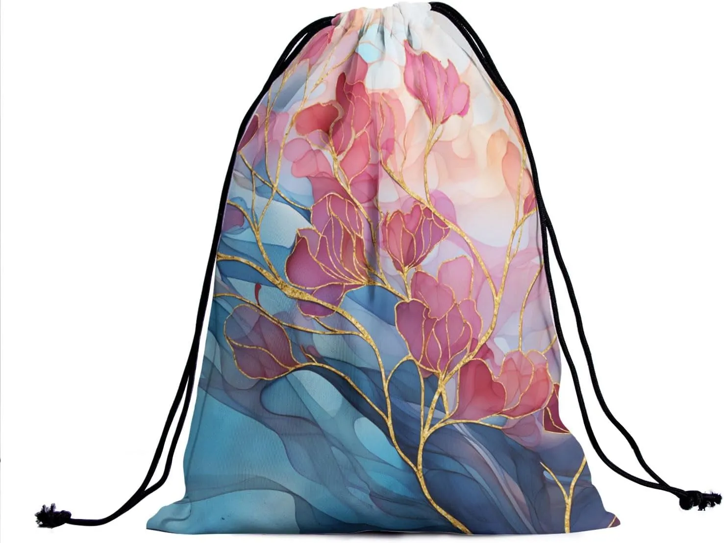 Abstract Floral Drawstring Grip Bags - Pink Teal Gold Flowers Grip Bag Navy Blue Modern Art Drawstring Storage Bags Gym Pouch Shoe Bags Adjustable Towel Bag