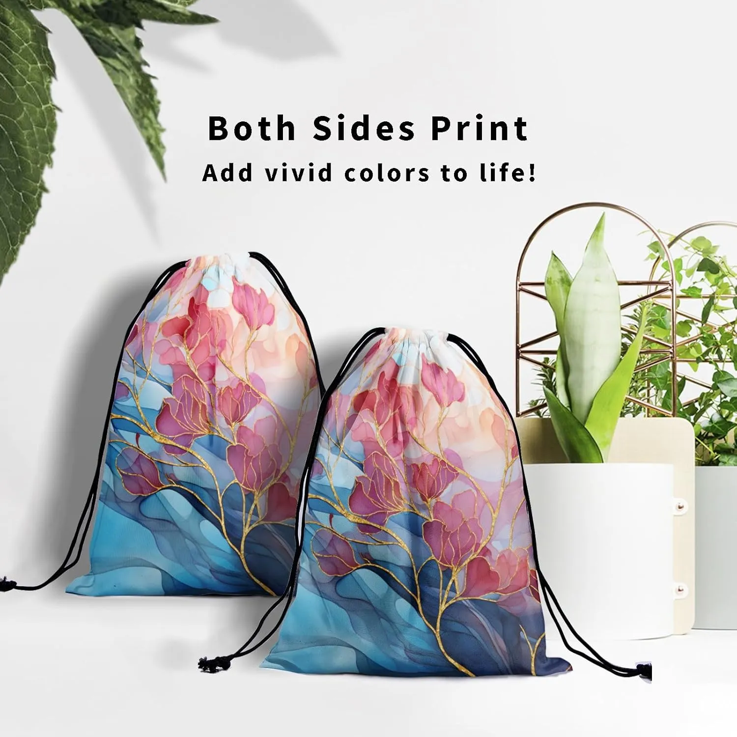 Abstract Floral Drawstring Grip Bags - Pink Teal Gold Flowers Grip Bag Navy Blue Modern Art Drawstring Storage Bags Gym Pouch Shoe Bags Adjustable Towel Bag