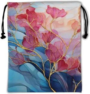 Abstract Floral Drawstring Grip Bags - Pink Teal Gold Flowers Grip Bag Navy Blue Modern Art Drawstring Storage Bags Gym Pouch Shoe Bags Adjustable Towel Bag